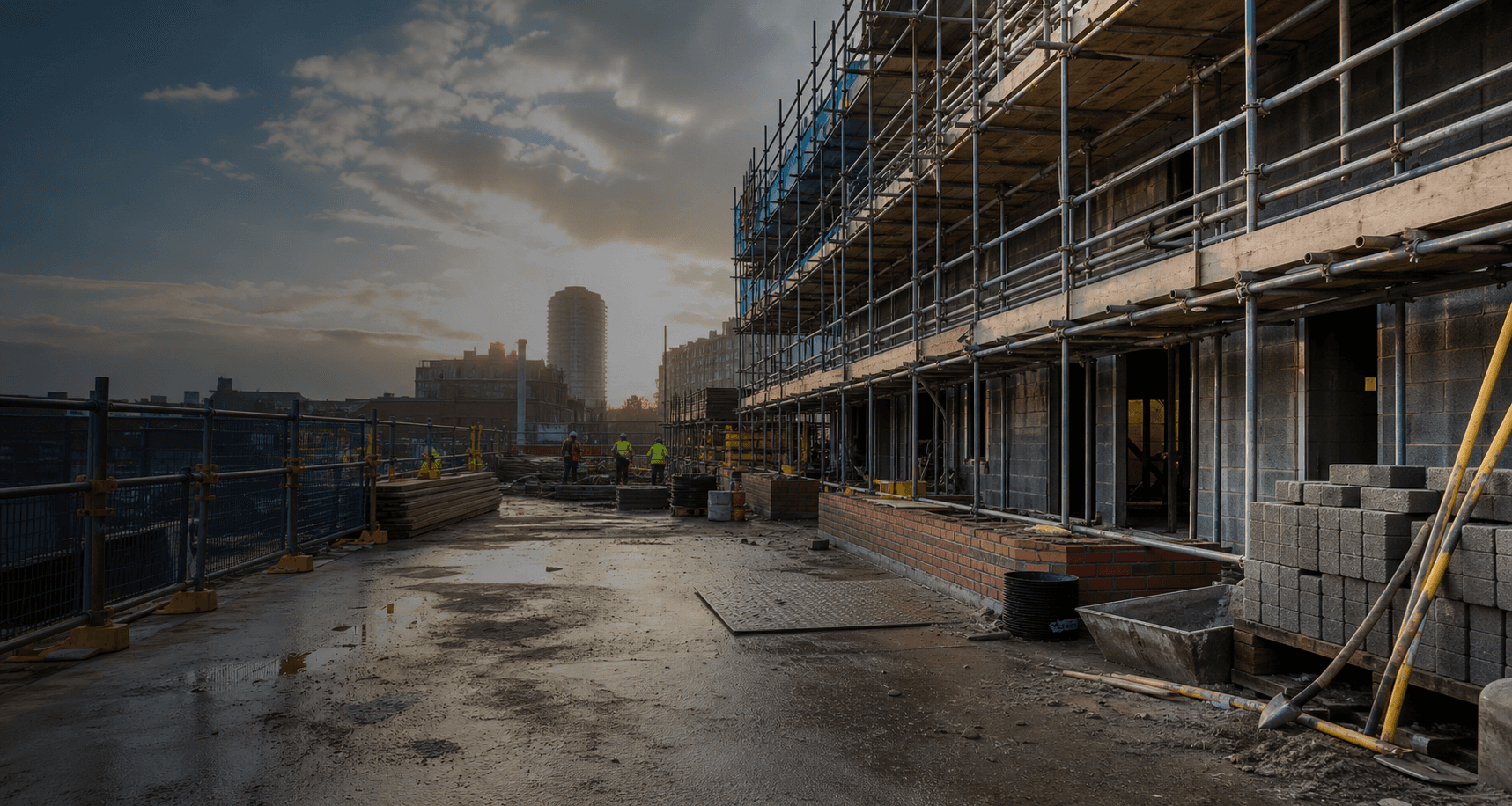 Construction site with scaffolding and materials ready for work